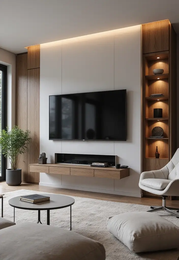 29 TV Cabinet Design for Living Room Ideas That Maximize Space and Style 19 29 TV Cabinet Design for Living Room Ideas That Maximize Space and Style - 19. Stylish Wall-Mounted Media Centers