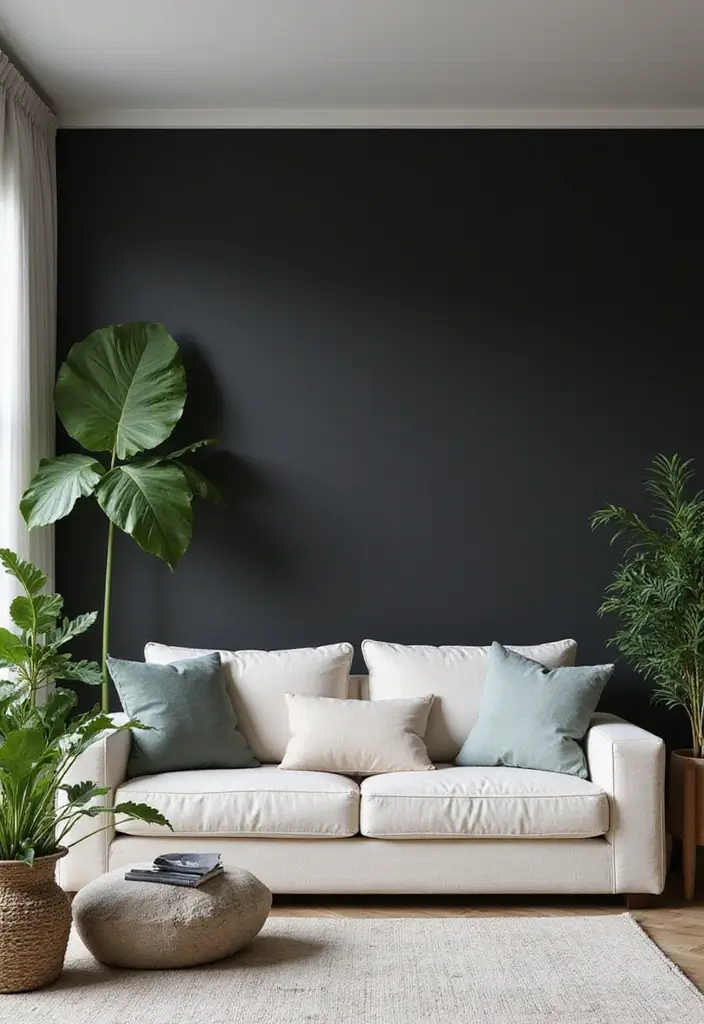 30 Black Wall Living Room Ideas That Look Bold, Dramatic, and Modern - 1. Chic Minimalism with a Touch of Black