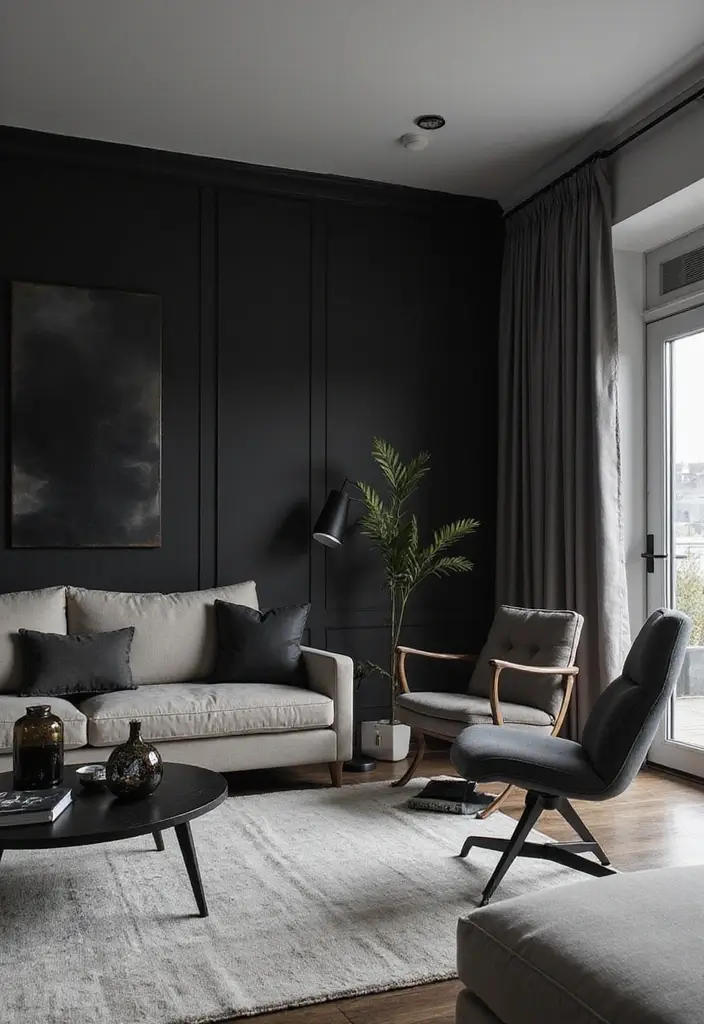 30 Black Wall Living Room Ideas That Look Bold, Dramatic, and Modern - 12. Sophisticated Grayscale
