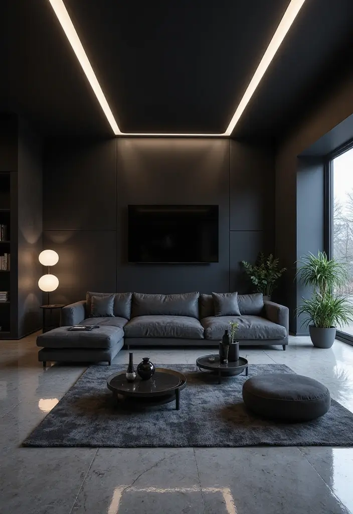 30 Black Wall Living Room Ideas That Look Bold, Dramatic, and Modern - 13. Futuristic Touches