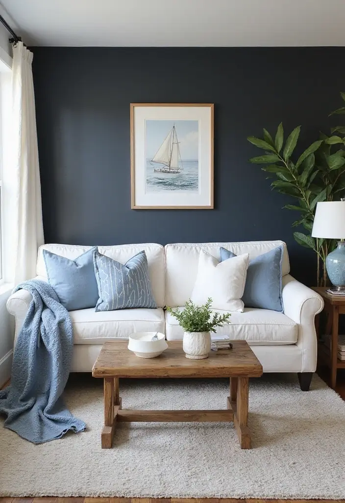 30 Black Wall Living Room Ideas That Look Bold, Dramatic, and Modern - 15. Coastal Retreat with a Black Wall
