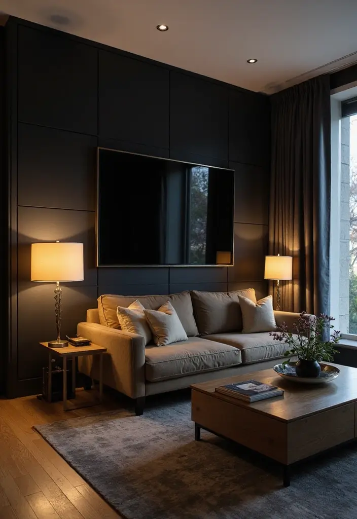 30 Black Wall Living Room Ideas That Look Bold, Dramatic, and Modern - 17. Layered Lighting Techniques