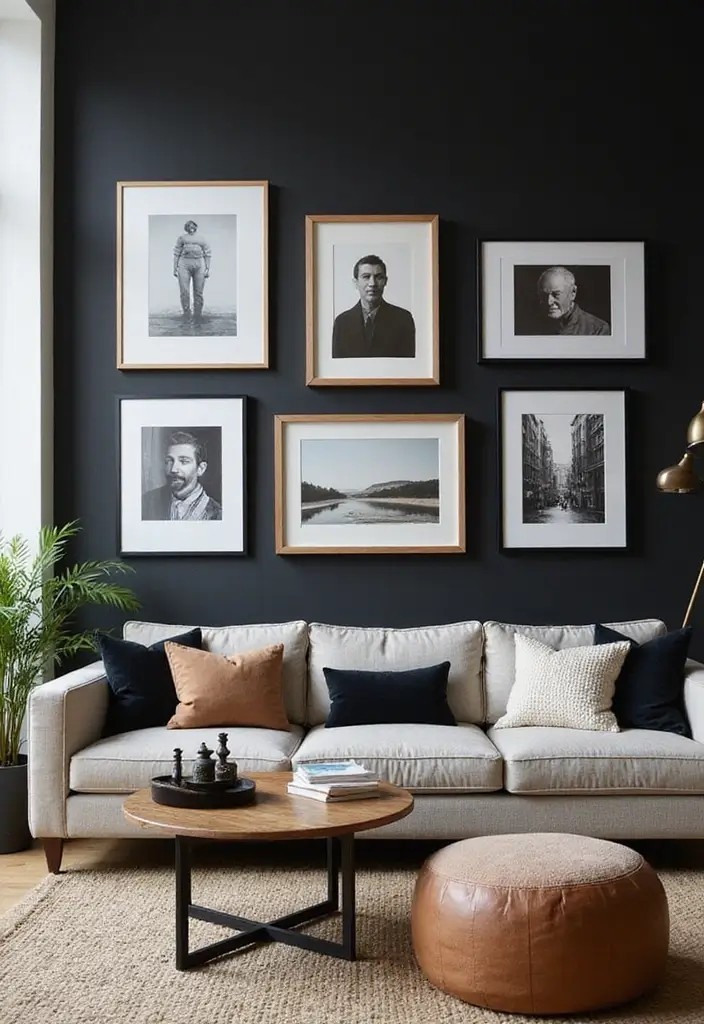 30 Black Wall Living Room Ideas That Look Bold, Dramatic, and Modern - 18. Artful Wall Displays