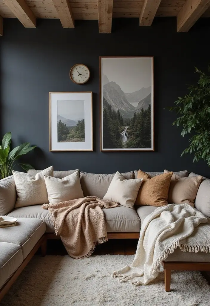 30 Black Wall Living Room Ideas That Look Bold, Dramatic, and Modern - 19. Soft and Cozy Textiles