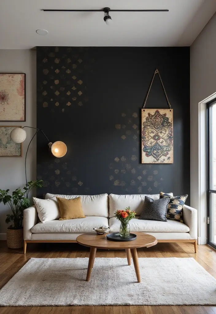 30 Black Wall Living Room Ideas That Look Bold, Dramatic, and Modern - 2. Bold Patterns on Black