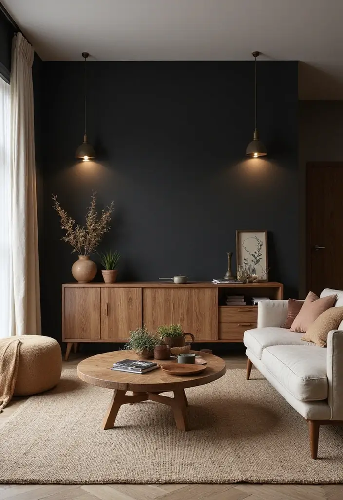 30 Black Wall Living Room Ideas That Look Bold, Dramatic, and Modern - 20. A Touch of Earth Tones