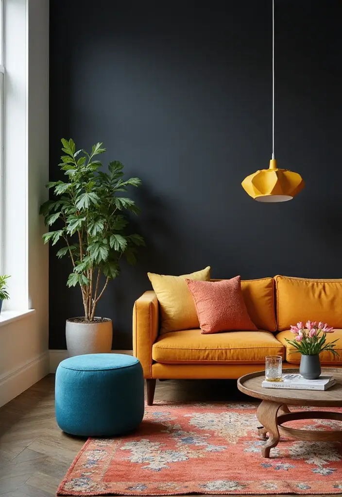 30 Black Wall Living Room Ideas That Look Bold, Dramatic, and Modern - 21. Playful Accent Colors