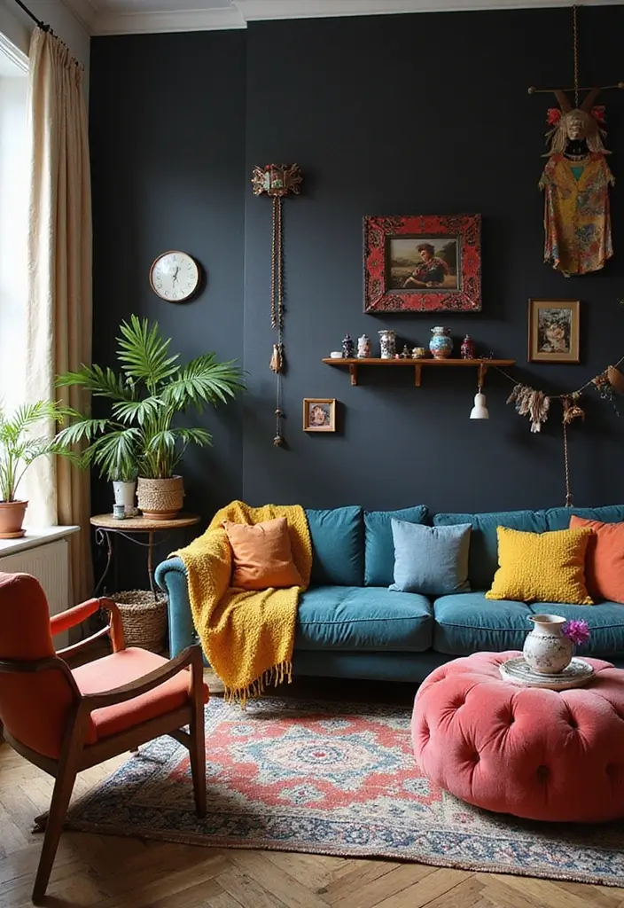 30 Black Wall Living Room Ideas That Look Bold, Dramatic, and Modern - 25. Fun and Quirky Accessories