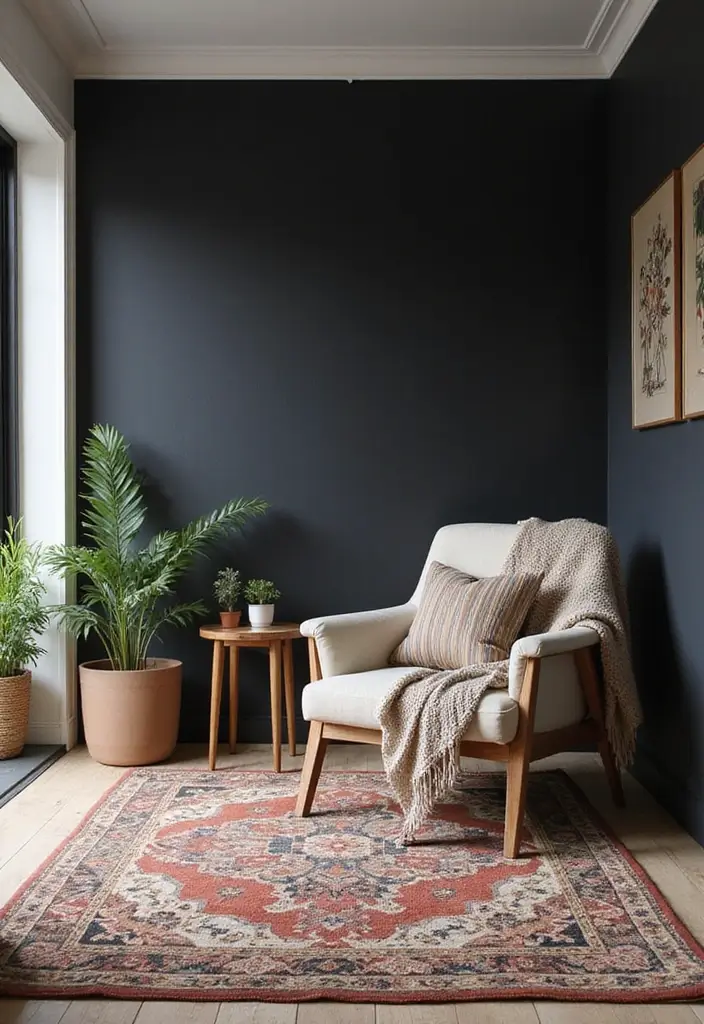 30 Black Wall Living Room Ideas That Look Bold, Dramatic, and Modern - 27. Layering with Area Rugs