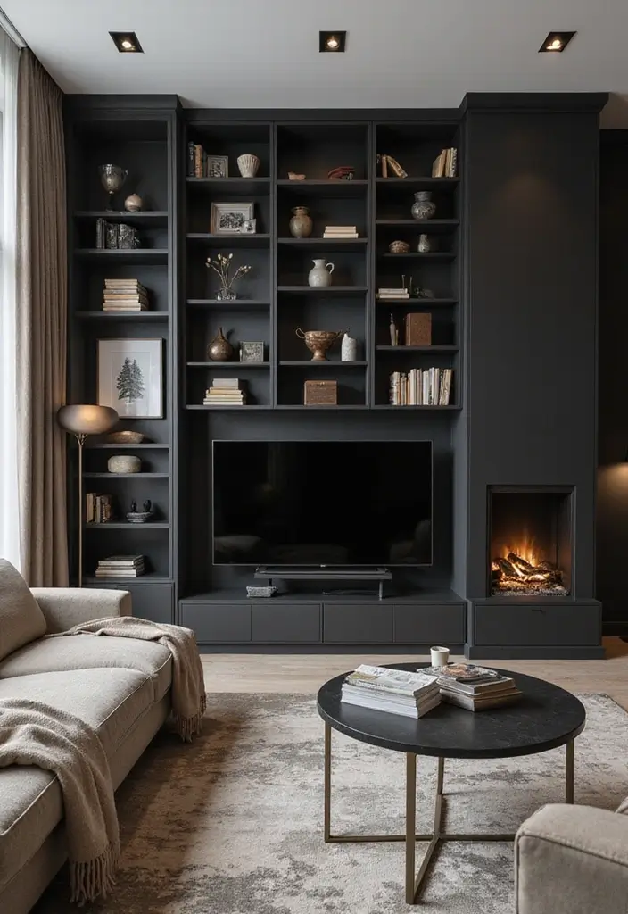 30 Black Wall Living Room Ideas That Look Bold, Dramatic, and Modern - 28. Stylish Storage Solutions