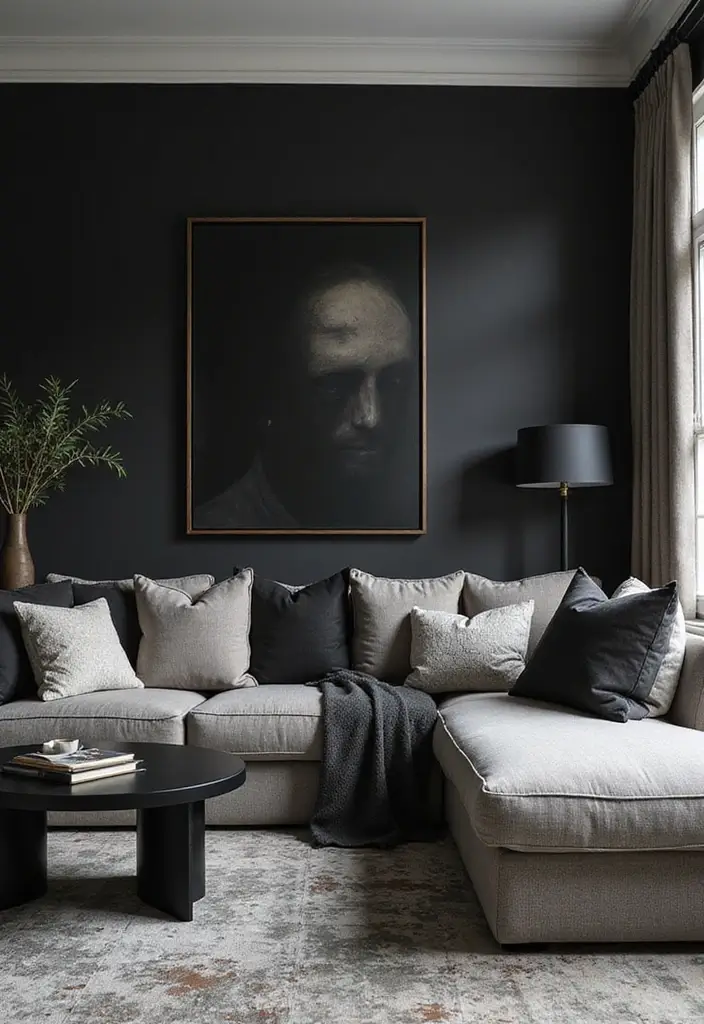 30 Black Wall Living Room Ideas That Look Bold, Dramatic, and Modern - 29. Timeless Black and White