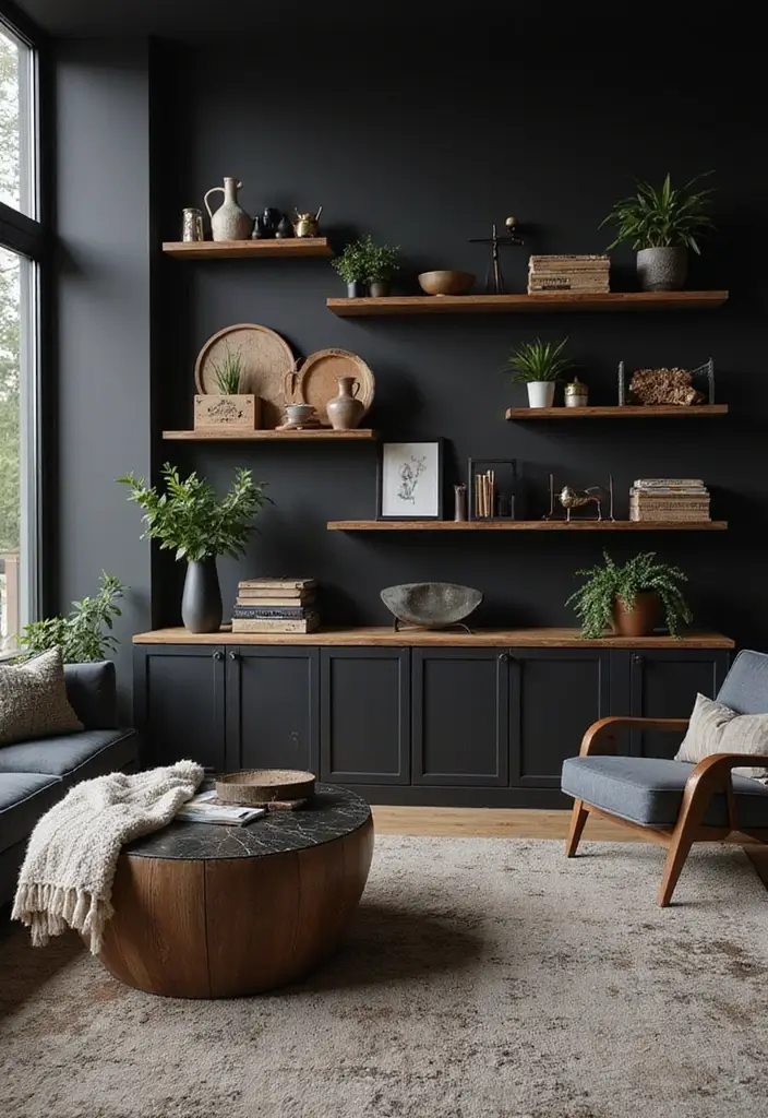 30 Black Wall Living Room Ideas That Look Bold, Dramatic, and Modern - 4. Mixing Textures with Black Accents