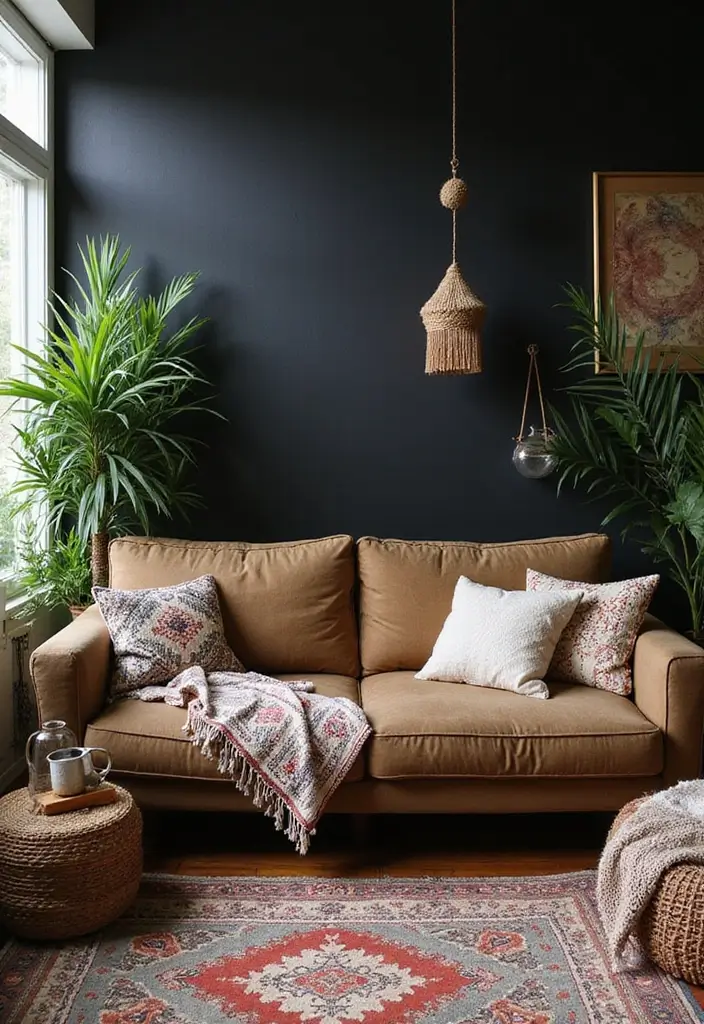 30 Black Wall Living Room Ideas That Look Bold, Dramatic, and Modern - 7. Bohemian Vibes with Black Walls