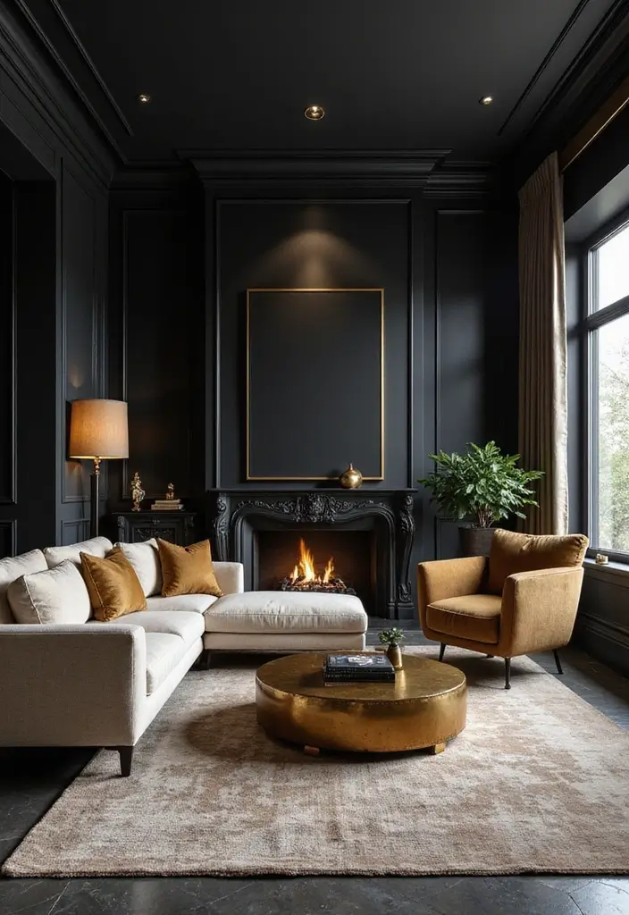 30 Black Wall Living Room Ideas That Look Bold, Dramatic, and Modern - 8. Glamorous Gold Accents