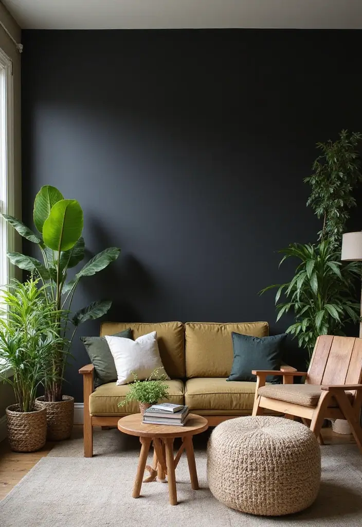 30 Black Wall Living Room Ideas That Look Bold, Dramatic, and Modern - 9. Nature-Inspired Designs