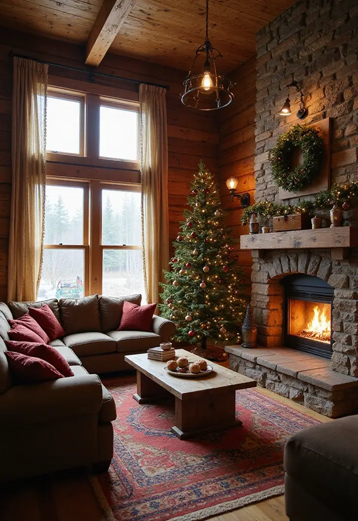 30 Christmas Living Room Ideas That Create Magical Holiday Vibes 12 30 Christmas Living Room Ideas That Create Magical Holiday Vibes - 12. Cozy Cabin Retreat