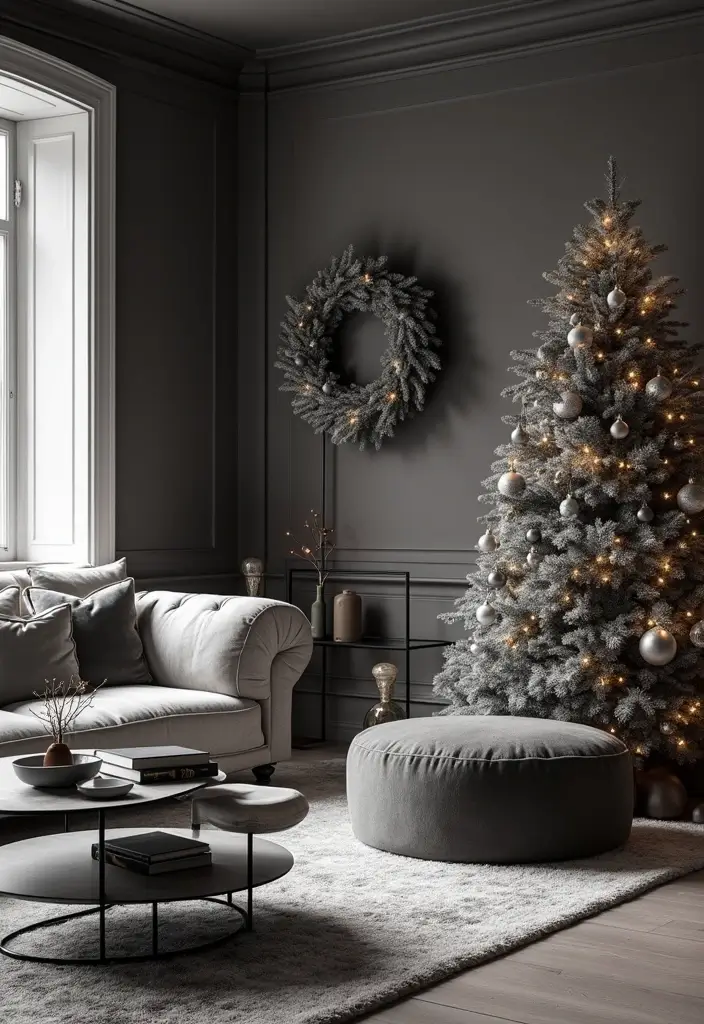 30 Christmas Living Room Ideas That Create Magical Holiday Vibes 16 30 Christmas Living Room Ideas That Create Magical Holiday Vibes - 16. Elegant Monochrome Look