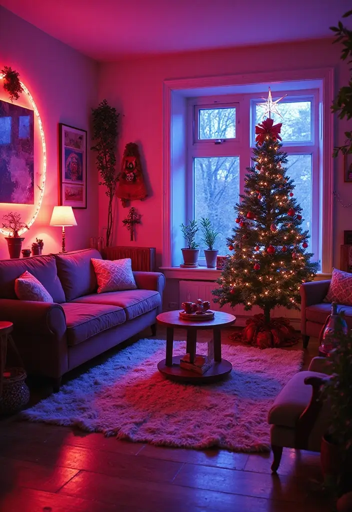 30 Christmas Living Room Ideas That Create Magical Holiday Vibes 22 30 Christmas Living Room Ideas That Create Magical Holiday Vibes - 22. Bright Neon Festivities