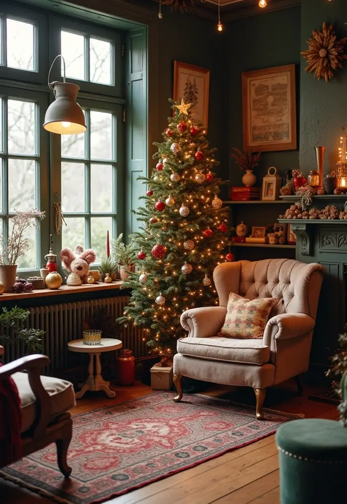 30 Christmas Living Room Ideas That Create Magical Holiday Vibes 3 30 Christmas Living Room Ideas That Create Magical Holiday Vibes - 3. Vintage Vibe with Retro Decorations