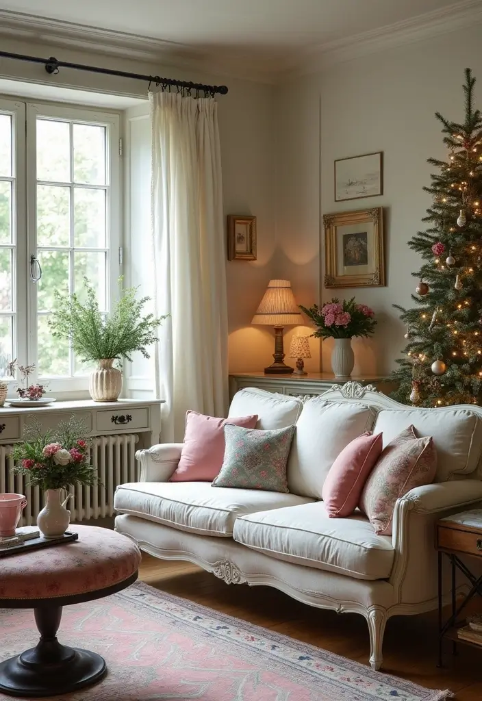 30 Christmas Living Room Ideas That Create Magical Holiday Vibes 9 30 Christmas Living Room Ideas That Create Magical Holiday Vibes - 9. Elegant French Cottage Style