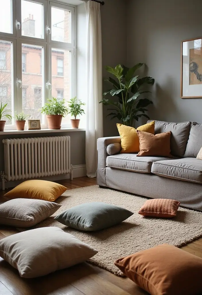 30 College Apartment Living Room Ideas for Budget-Friendly Style 11 30 College Apartment Living Room Ideas for Budget-Friendly Style - 11. Cozy Floor Cushions