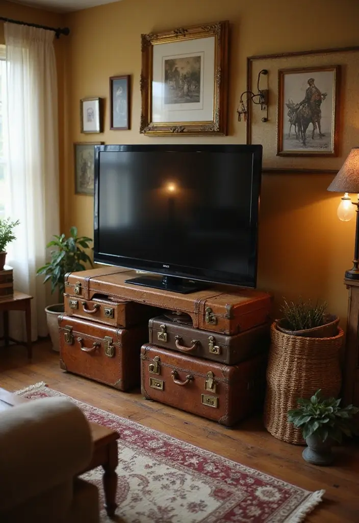 30 Creative TV Stand Ideas for Living Room Makeover and Stylish Entertainment Spaces 1 30 Creative TV Stand Ideas for Living Room Makeover and Stylish Entertainment Spaces - 1. Vintage Suitcases as a TV Stand