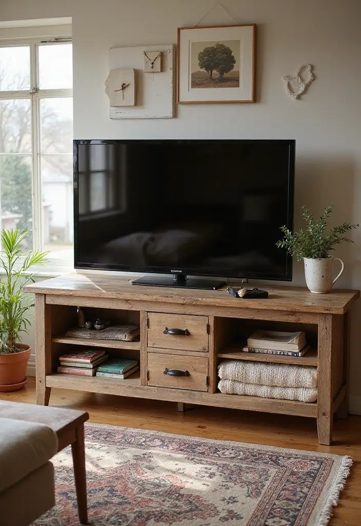 30 Creative TV Stand Ideas for Living Room Makeover and Stylish Entertainment Spaces 10 30 Creative TV Stand Ideas for Living Room Makeover and Stylish Entertainment Spaces - 10. Rustic Reclaimed Wood Stand