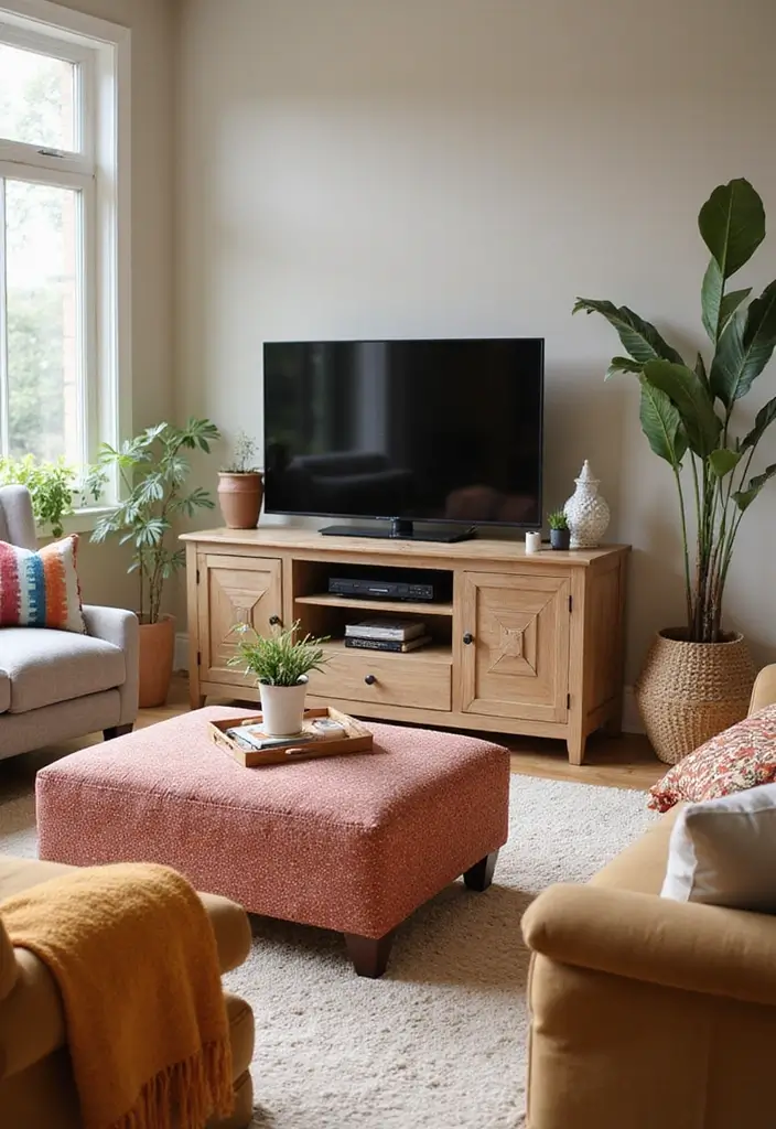 30 Creative TV Stand Ideas for Living Room Makeover and Stylish Entertainment Spaces 11 30 Creative TV Stand Ideas for Living Room Makeover and Stylish Entertainment Spaces - 11. Multi-functional Ottoman TV Stand