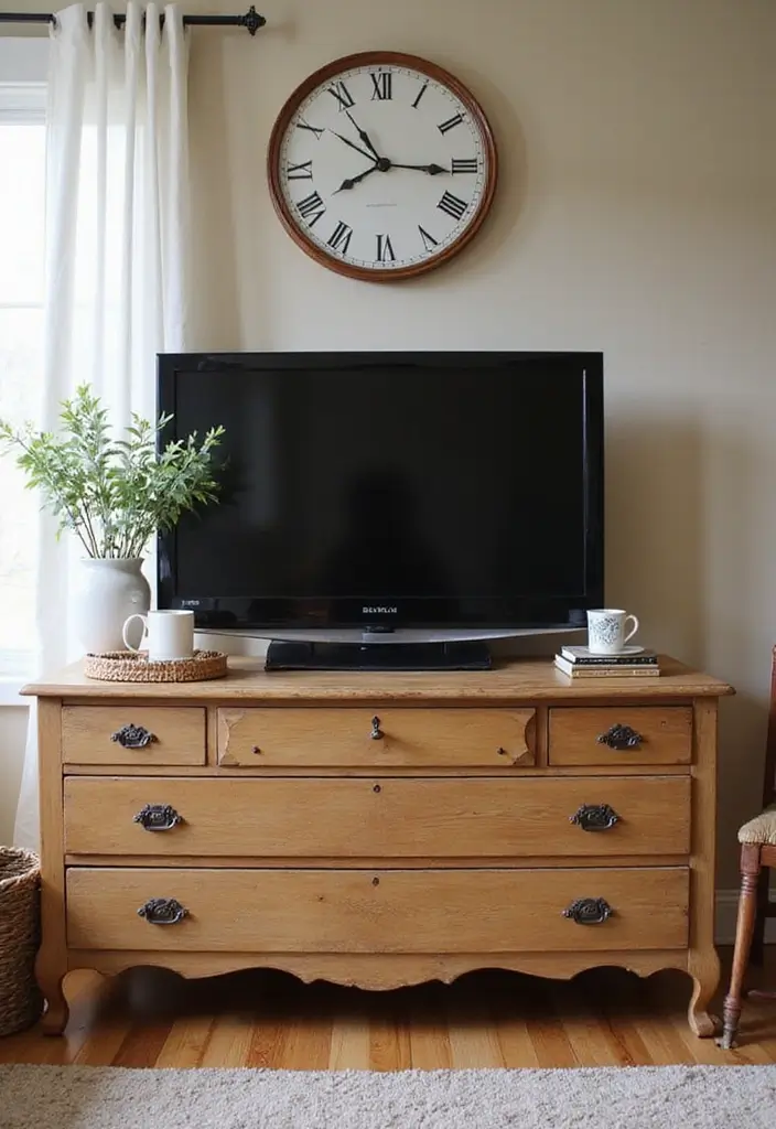 30 Creative TV Stand Ideas for Living Room Makeover and Stylish Entertainment Spaces 15 30 Creative TV Stand Ideas for Living Room Makeover and Stylish Entertainment Spaces - 15. Vintage Dresser TV Stand