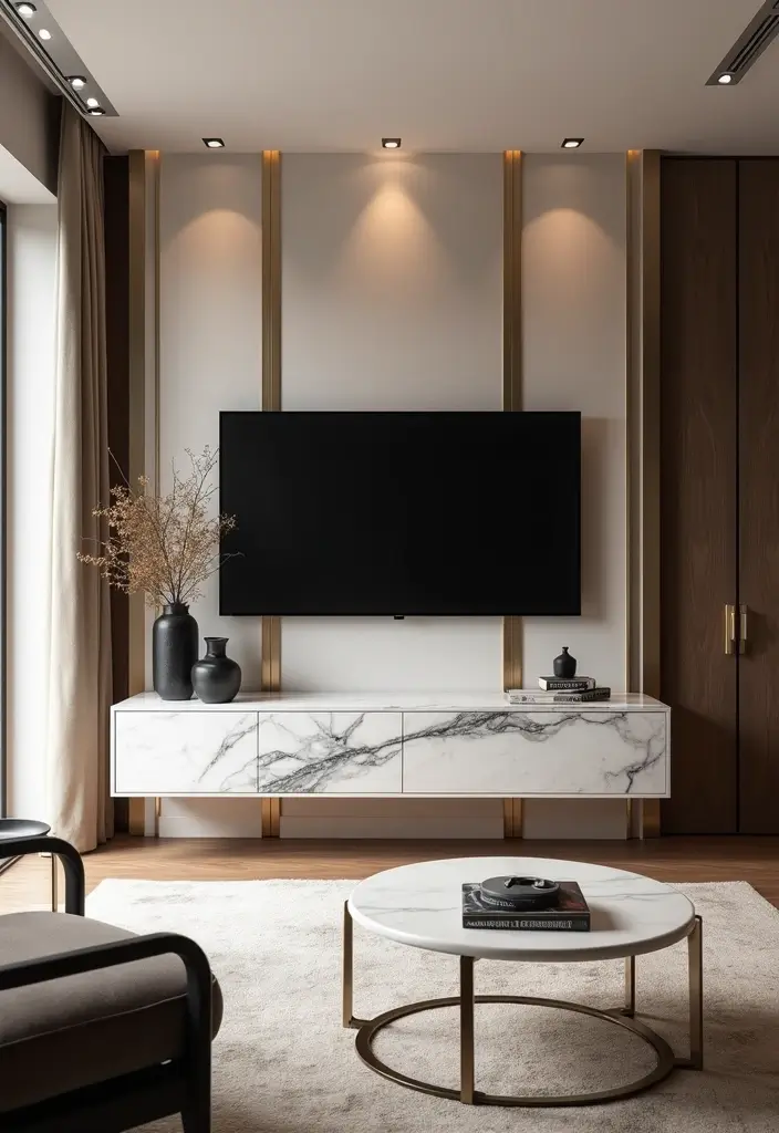 30 Creative TV Stand Ideas for Living Room Makeover and Stylish Entertainment Spaces 16 30 Creative TV Stand Ideas for Living Room Makeover and Stylish Entertainment Spaces - 16. Elegant Marble TV Stand