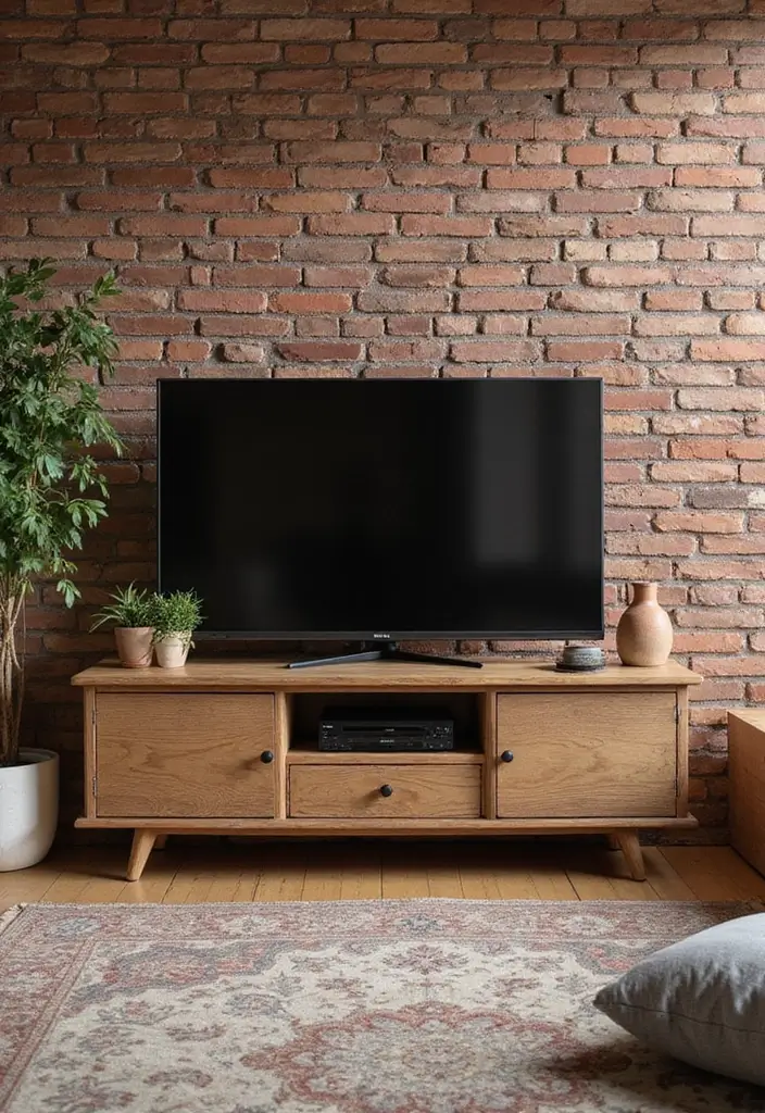 30 Creative TV Stand Ideas for Living Room Makeover and Stylish Entertainment Spaces 19 30 Creative TV Stand Ideas for Living Room Makeover and Stylish Entertainment Spaces - 19. Exposed Brick and Wood Combo