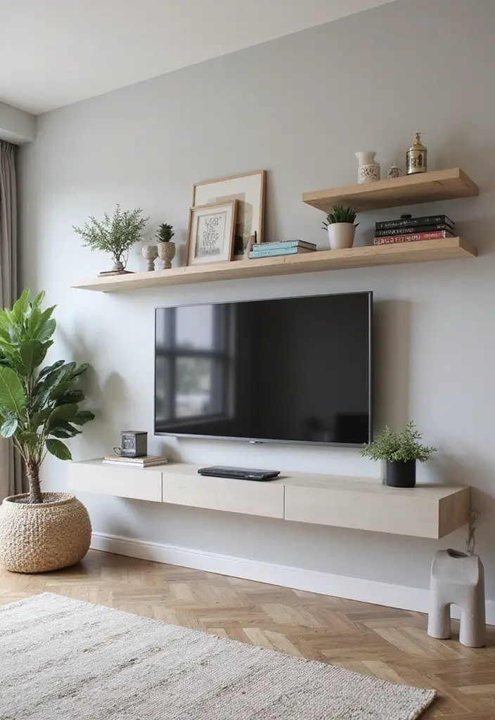 30 Creative TV Stand Ideas for Living Room Makeover and Stylish Entertainment Spaces 2 30 Creative TV Stand Ideas for Living Room Makeover and Stylish Entertainment Spaces - 2. Floating Wall-Mounted Shelves