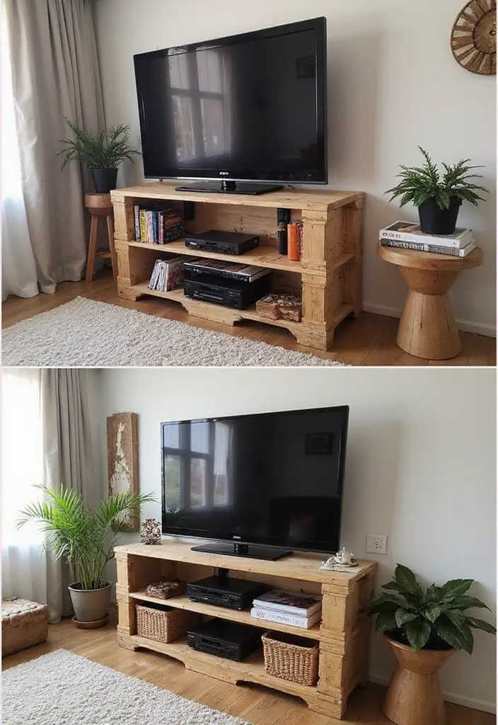 30 Creative TV Stand Ideas for Living Room Makeover and Stylish Entertainment Spaces 21 30 Creative TV Stand Ideas for Living Room Makeover and Stylish Entertainment Spaces - 21. DIY Pallet TV Stand