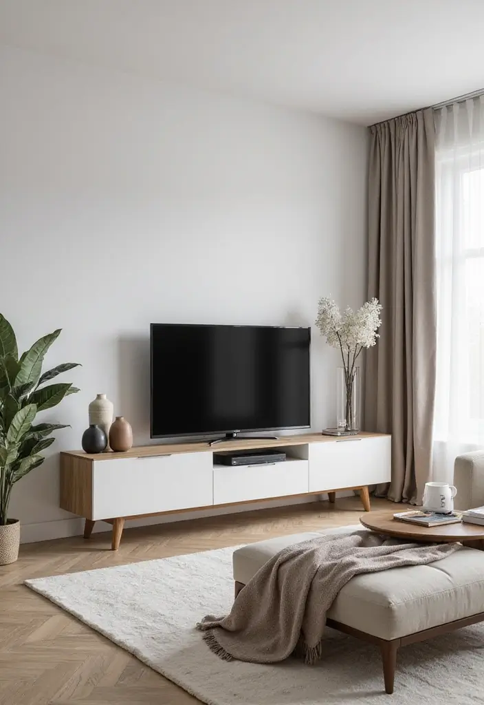 30 Creative TV Stand Ideas for Living Room Makeover and Stylish Entertainment Spaces 22 30 Creative TV Stand Ideas for Living Room Makeover and Stylish Entertainment Spaces - 22. Simple Yet Chic Table Stand