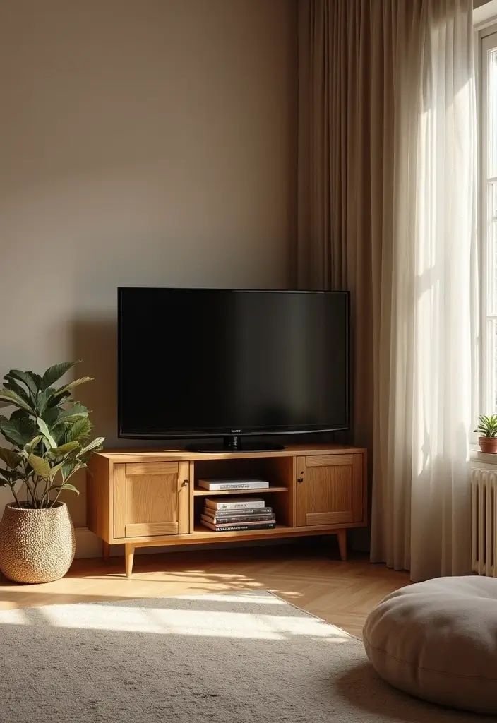 30 Creative TV Stand Ideas for Living Room Makeover and Stylish Entertainment Spaces 23 30 Creative TV Stand Ideas for Living Room Makeover and Stylish Entertainment Spaces - 23. Artistic Corner Stand