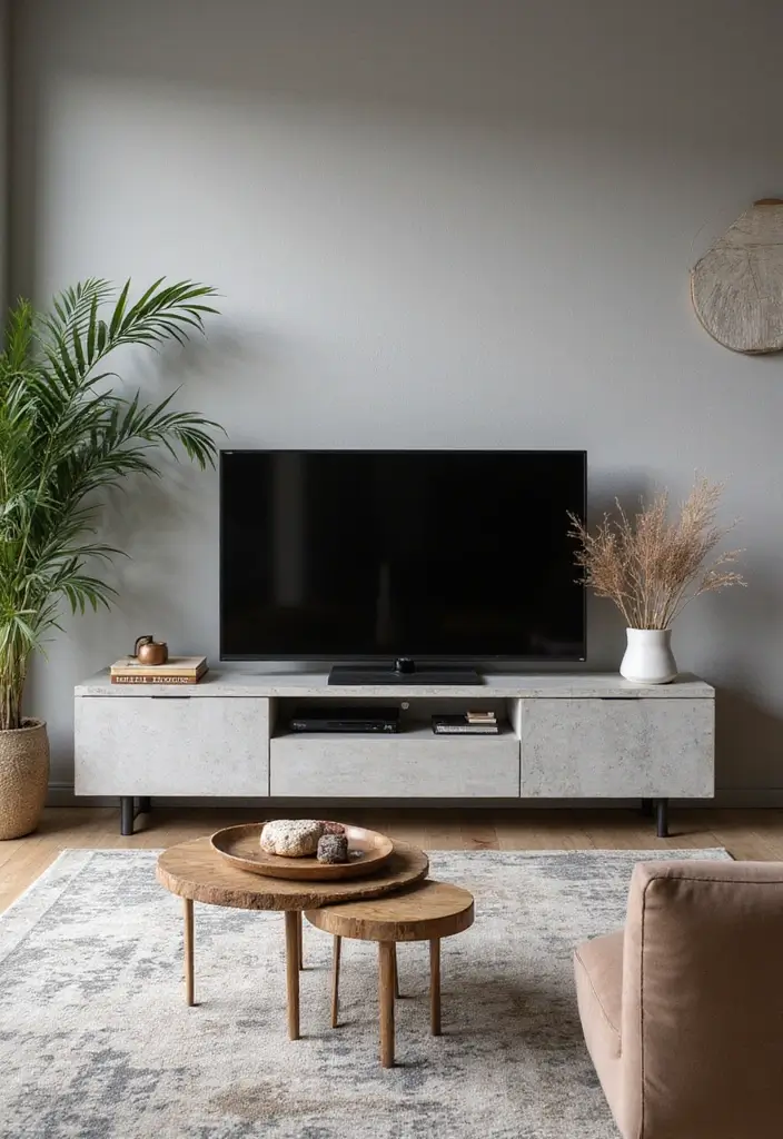 30 Creative TV Stand Ideas for Living Room Makeover and Stylish Entertainment Spaces 25 30 Creative TV Stand Ideas for Living Room Makeover and Stylish Entertainment Spaces - 25. Modern Concrete Stand