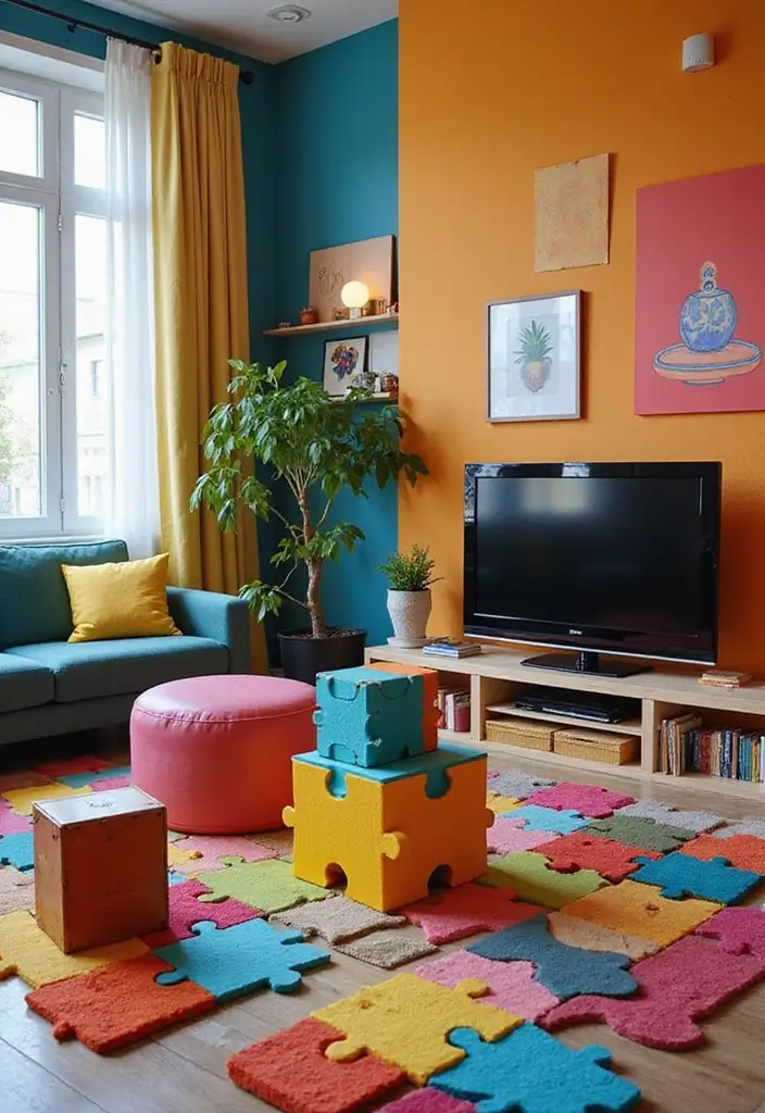30 Creative TV Stand Ideas for Living Room Makeover and Stylish Entertainment Spaces 26 30 Creative TV Stand Ideas for Living Room Makeover and Stylish Entertainment Spaces - 26. Playful Puzzle Piece Stands