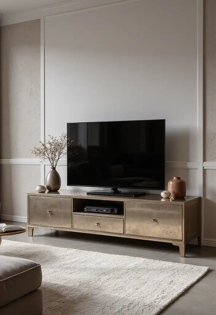 30 Creative TV Stand Ideas for Living Room Makeover and Stylish Entertainment Spaces 27 30 Creative TV Stand Ideas for Living Room Makeover and Stylish Entertainment Spaces - 27. Elegant Metal Stand