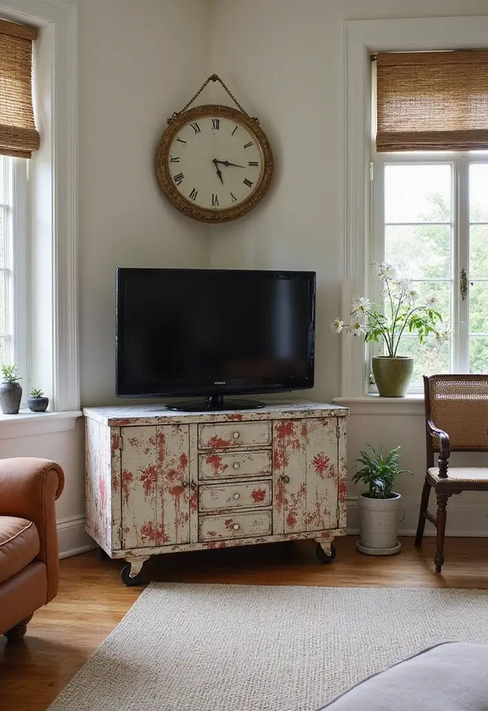 30 Creative TV Stand Ideas for Living Room Makeover and Stylish Entertainment Spaces 29 30 Creative TV Stand Ideas for Living Room Makeover and Stylish Entertainment Spaces - 29. Artistic Vintage Cart