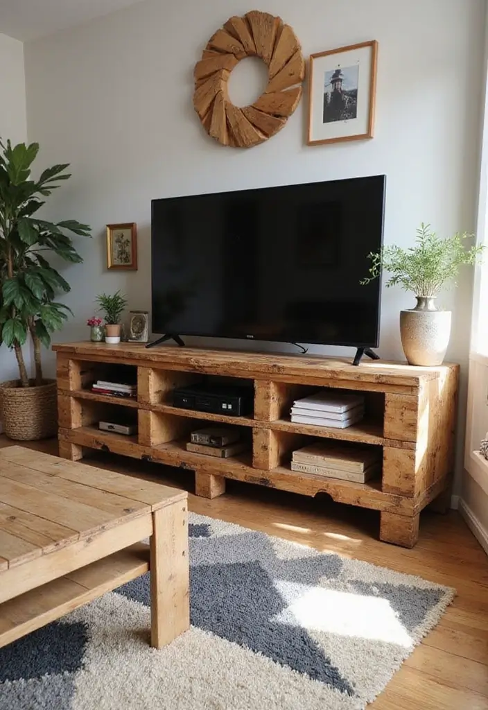 30 Creative TV Stand Ideas for Living Room Makeover and Stylish Entertainment Spaces 3 30 Creative TV Stand Ideas for Living Room Makeover and Stylish Entertainment Spaces - 3. Repurposed Wooden Pallets
