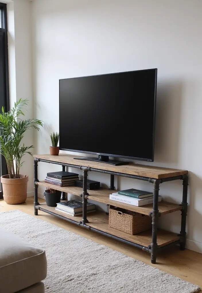 30 Creative TV Stand Ideas for Living Room Makeover and Stylish Entertainment Spaces 5 30 Creative TV Stand Ideas for Living Room Makeover and Stylish Entertainment Spaces - 5. Industrial Pipe TV Stand