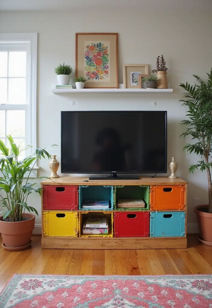 30 Creative TV Stand Ideas for Living Room Makeover and Stylish Entertainment Spaces 6 30 Creative TV Stand Ideas for Living Room Makeover and Stylish Entertainment Spaces - 6. Colorful Repurposed Crates