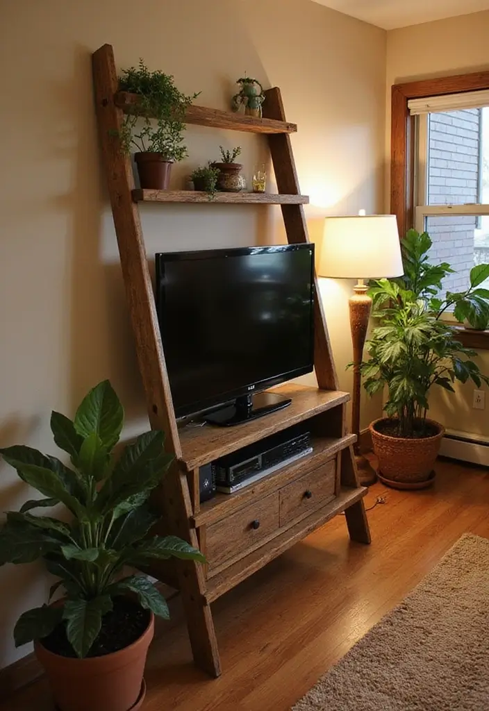 30 Creative TV Stand Ideas for Living Room Makeover and Stylish Entertainment Spaces 8 30 Creative TV Stand Ideas for Living Room Makeover and Stylish Entertainment Spaces - 8. Upcycled Ladder TV Stand