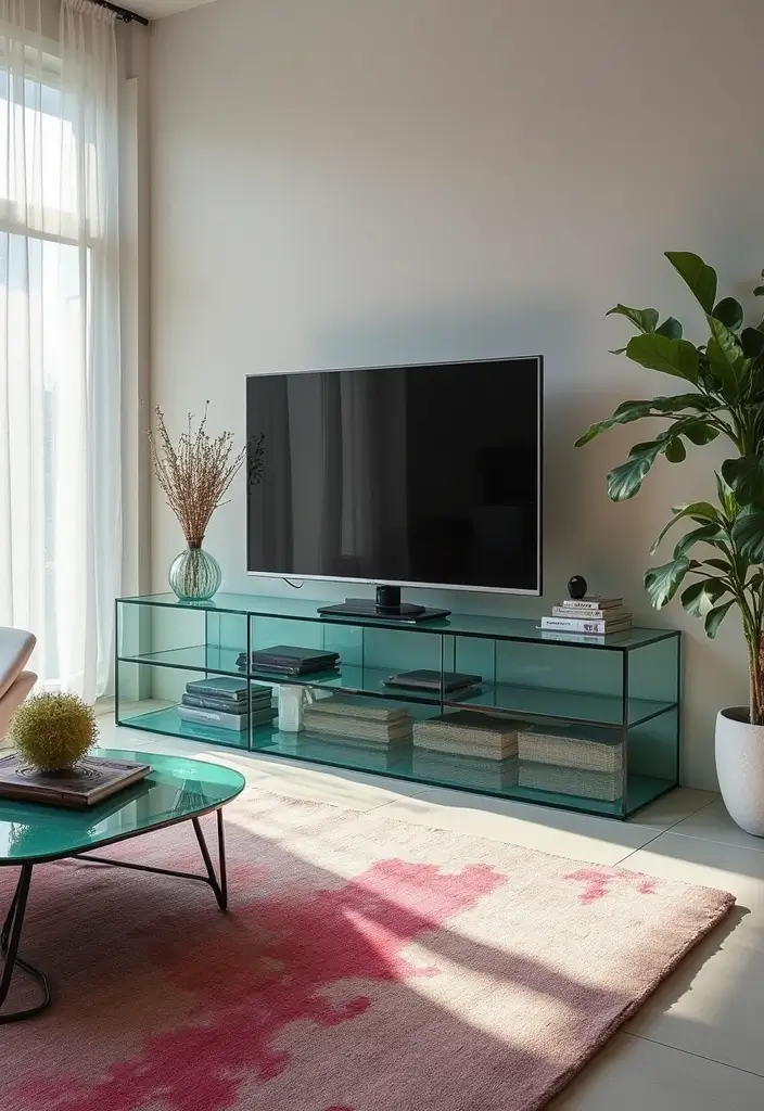 30 Creative TV Stand Ideas for Living Room Makeover and Stylish Entertainment Spaces 9 30 Creative TV Stand Ideas for Living Room Makeover and Stylish Entertainment Spaces - 9. Chic Glass TV Stand