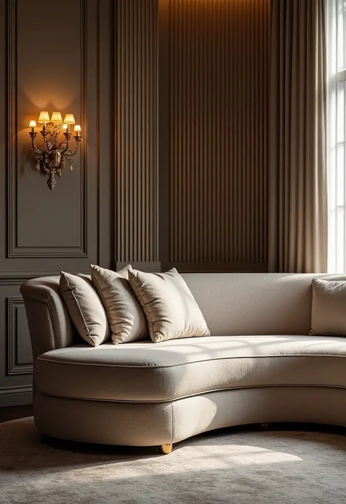 30 Curved Sofa Living Room Ideas That Add Flow and Modern Elegance 11 30 Curved Sofa Living Room Ideas That Add Flow and Modern Elegance - 11. Glamour with Metallic Accents