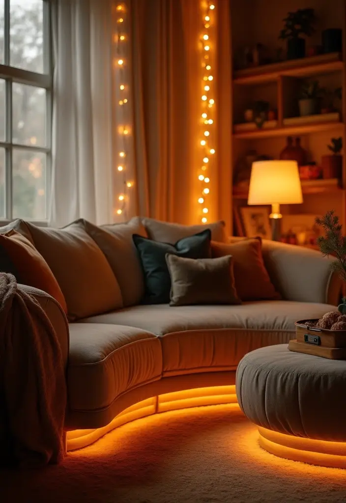 30 Curved Sofa Living Room Ideas That Add Flow and Modern Elegance 12 30 Curved Sofa Living Room Ideas That Add Flow and Modern Elegance - 12. Layered Lighting for Warmth