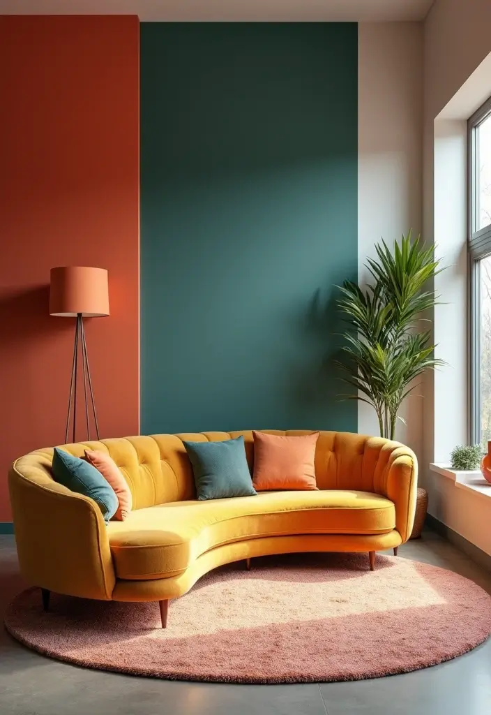 30 Curved Sofa Living Room Ideas That Add Flow and Modern Elegance 13 30 Curved Sofa Living Room Ideas That Add Flow and Modern Elegance - 13. Color Block for Modern Appeal