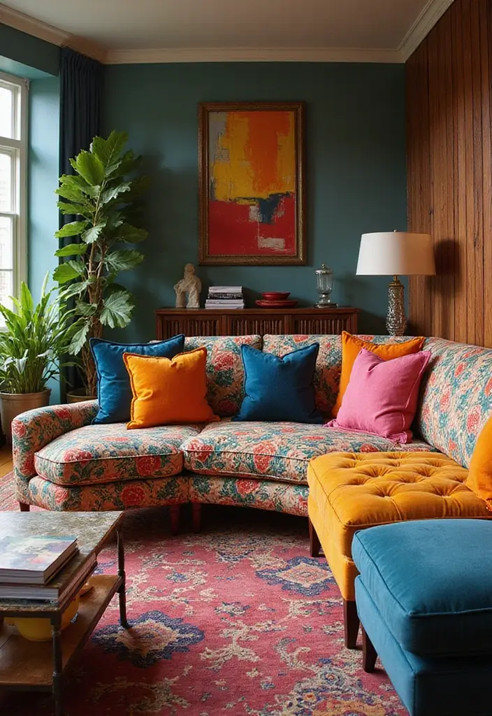 30 Curved Sofa Living Room Ideas That Add Flow and Modern Elegance 19 30 Curved Sofa Living Room Ideas That Add Flow and Modern Elegance - 19. Fun with Patterns and Prints