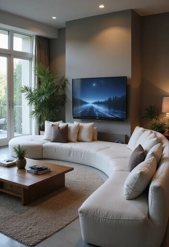 30 Curved Sofa Living Room Ideas That Add Flow and Modern Elegance 20 30 Curved Sofa Living Room Ideas That Add Flow and Modern Elegance - 20. Incorporating Technology Seamlessly