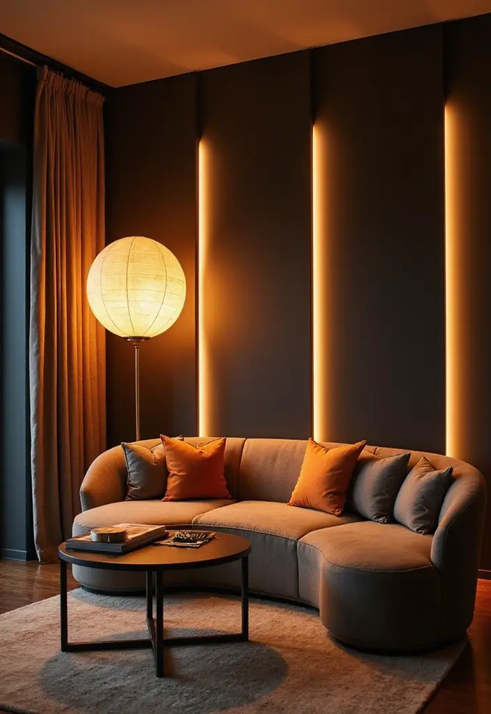 30 Curved Sofa Living Room Ideas That Add Flow and Modern Elegance 22 30 Curved Sofa Living Room Ideas That Add Flow and Modern Elegance - 22. Statement Lighting Enhancements